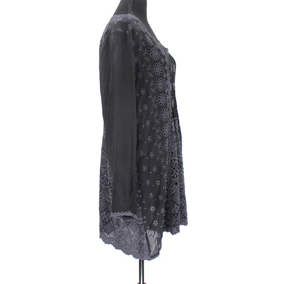 Johnny Was Black Floral Embroidered Eyelet Long Sleeve Mini Dress M Sheer Tunic - Picture 2 of 7